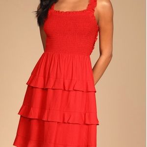 Super Sweet Red Smocked Ruffled Tie-Back Mini Dress